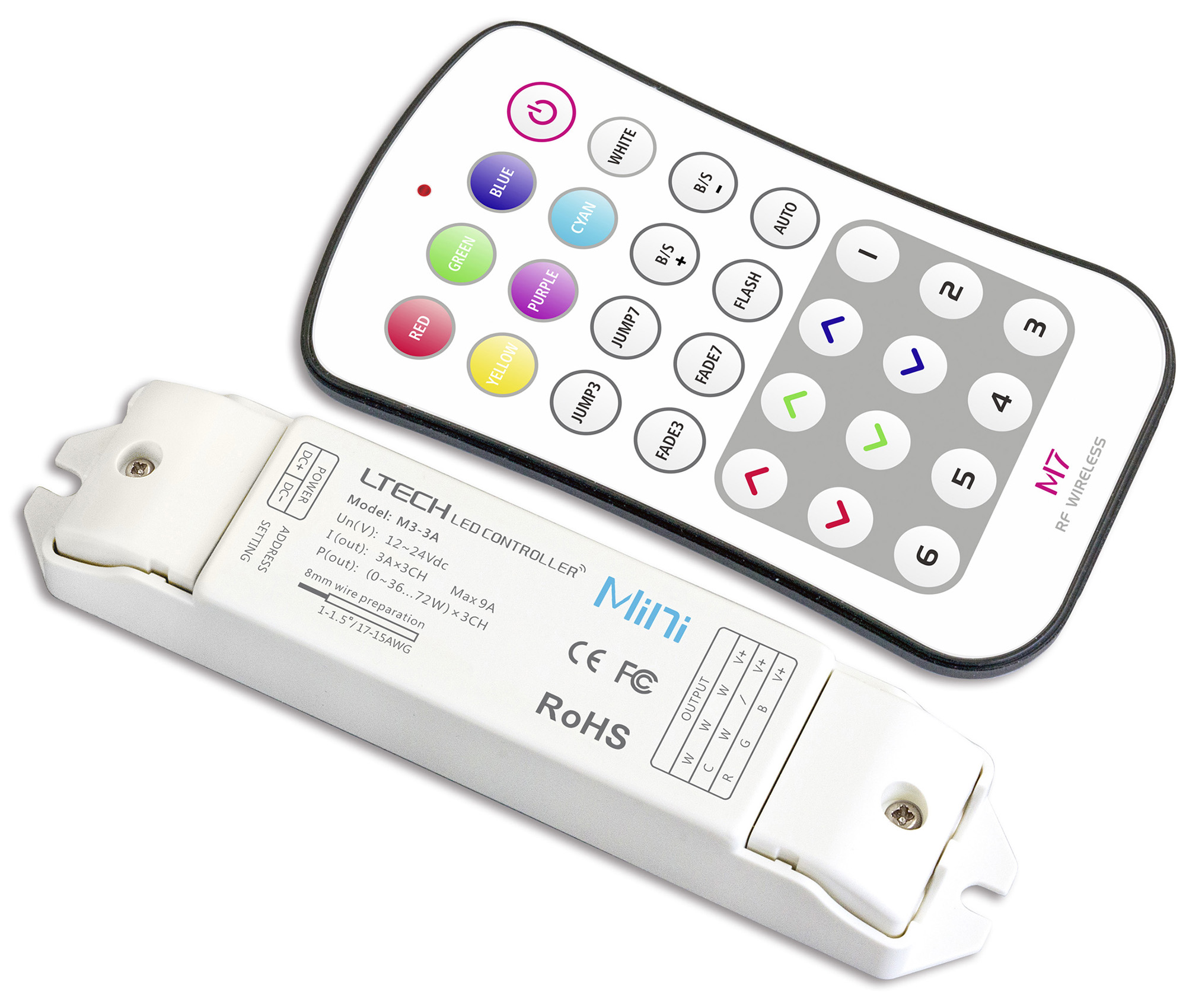 M7+M3-3A  Remote Control+Receiver CV RGB Controller, 12/24 V DC, 108/216W, 9A (3A x 3CH), 40m remote range.